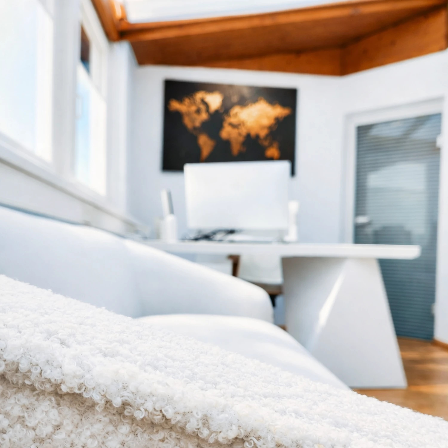 J´ARCADIA´N - Mednarodno nevrokirurško svetovanje - Ta slika prikazuje sodoben komplet pisarniške mize in stolov, ki se lahko kombinira z dekorativno zlato stensko umetnino v obliki zemljevida sveta.